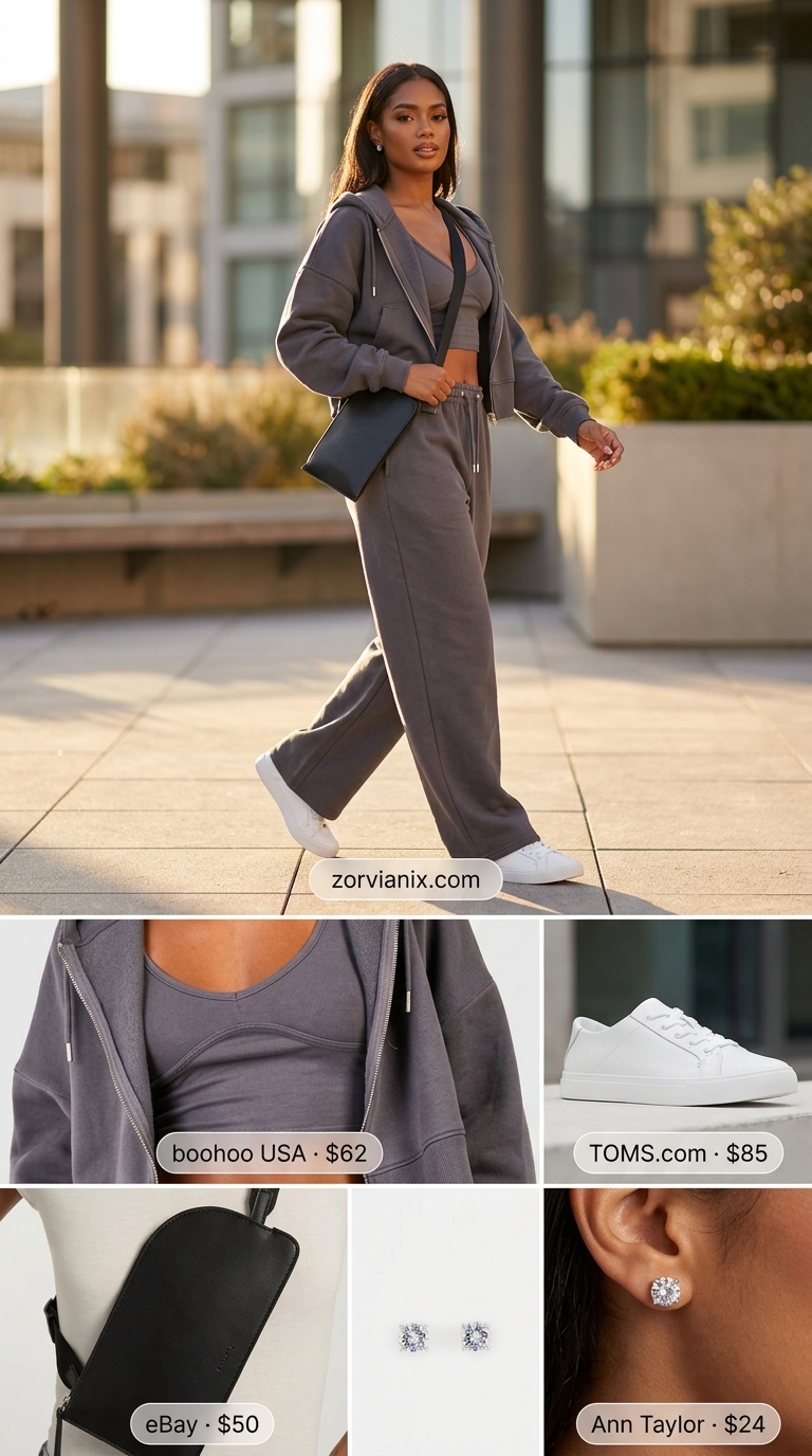 Elevated athleisure set outfit with sneakers for women 2026: Grey knit set, white fashion sneakers, crossbody bag, silver earrings.