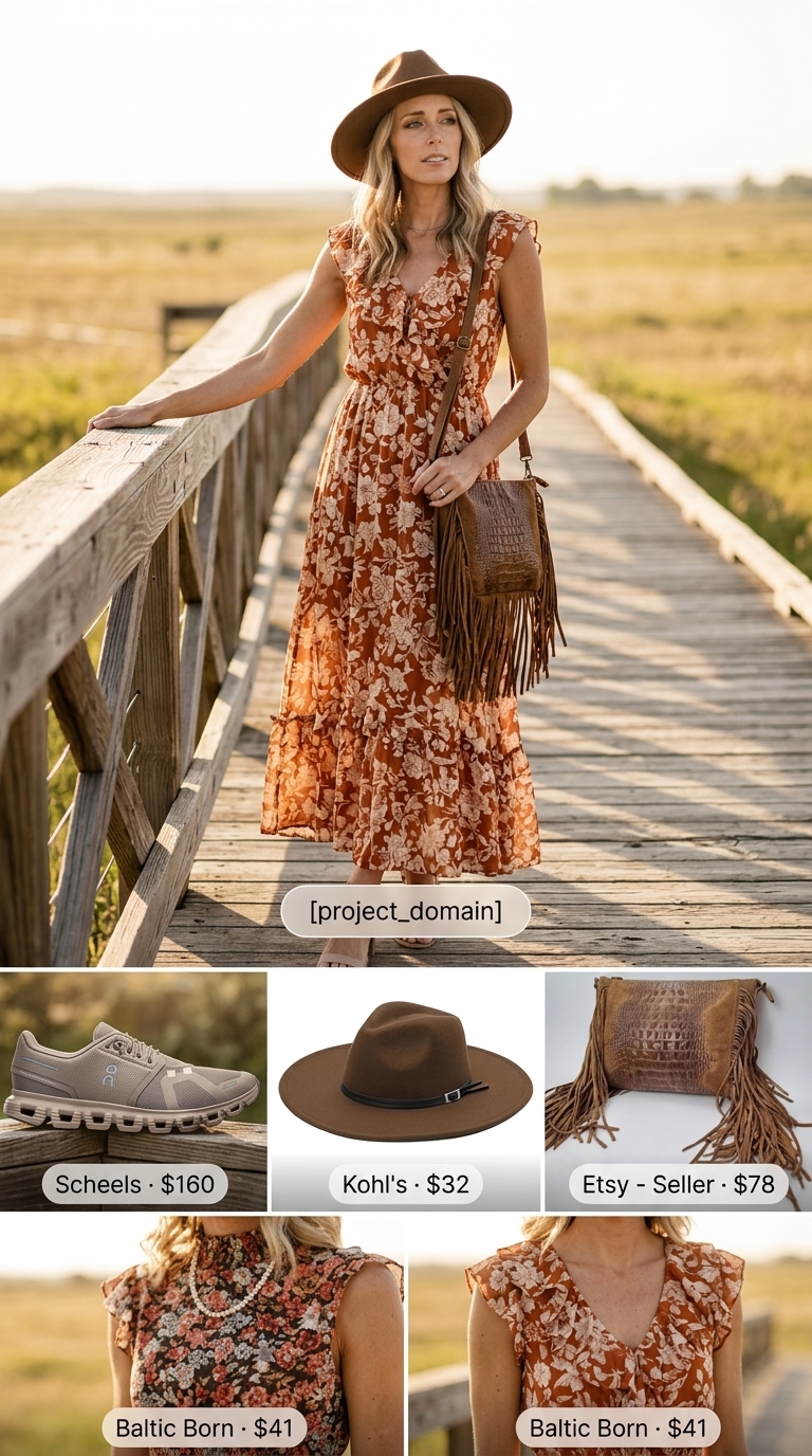Boho maxi dress, sneakers, felt hat, and fringe bag for relaxed summer outfits with sneakers for women 2026.