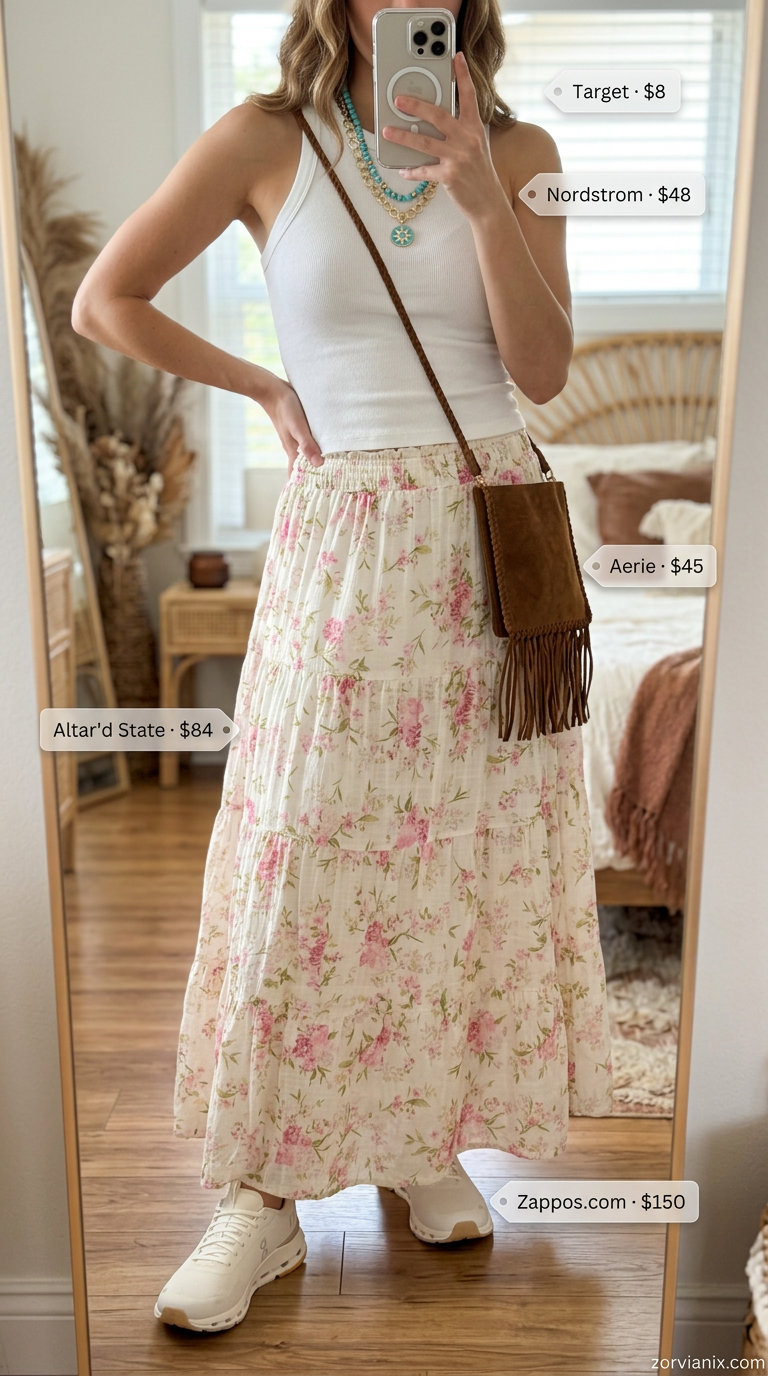 Boho maxi skirt outfit with sneakers for women 2026: Floral skirt, white tank, layered necklaces, tan crossbody bag.