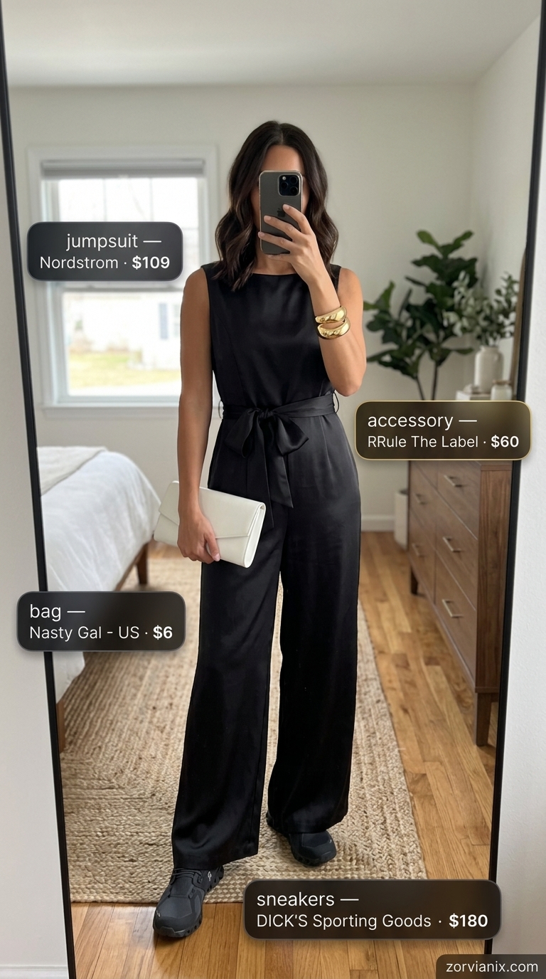 Chic black jumpsuit outfit with sneakers for women 2026: Wide-leg jumpsuit, gold cuff, white clutch, stylish sneakers.