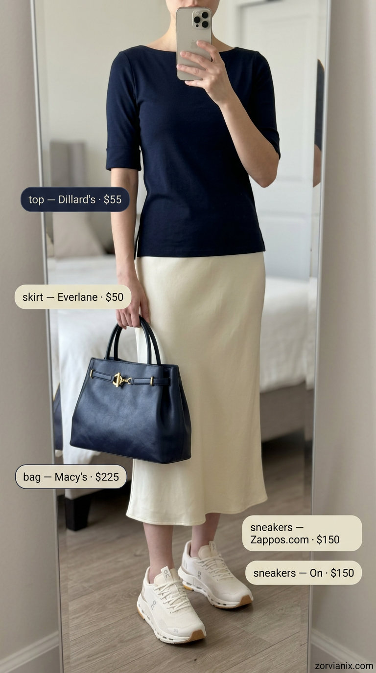 Cream satin midi skirt, navy knit top, sneakers, and shoulder bag for chic summer outfits with sneakers for women 2026.