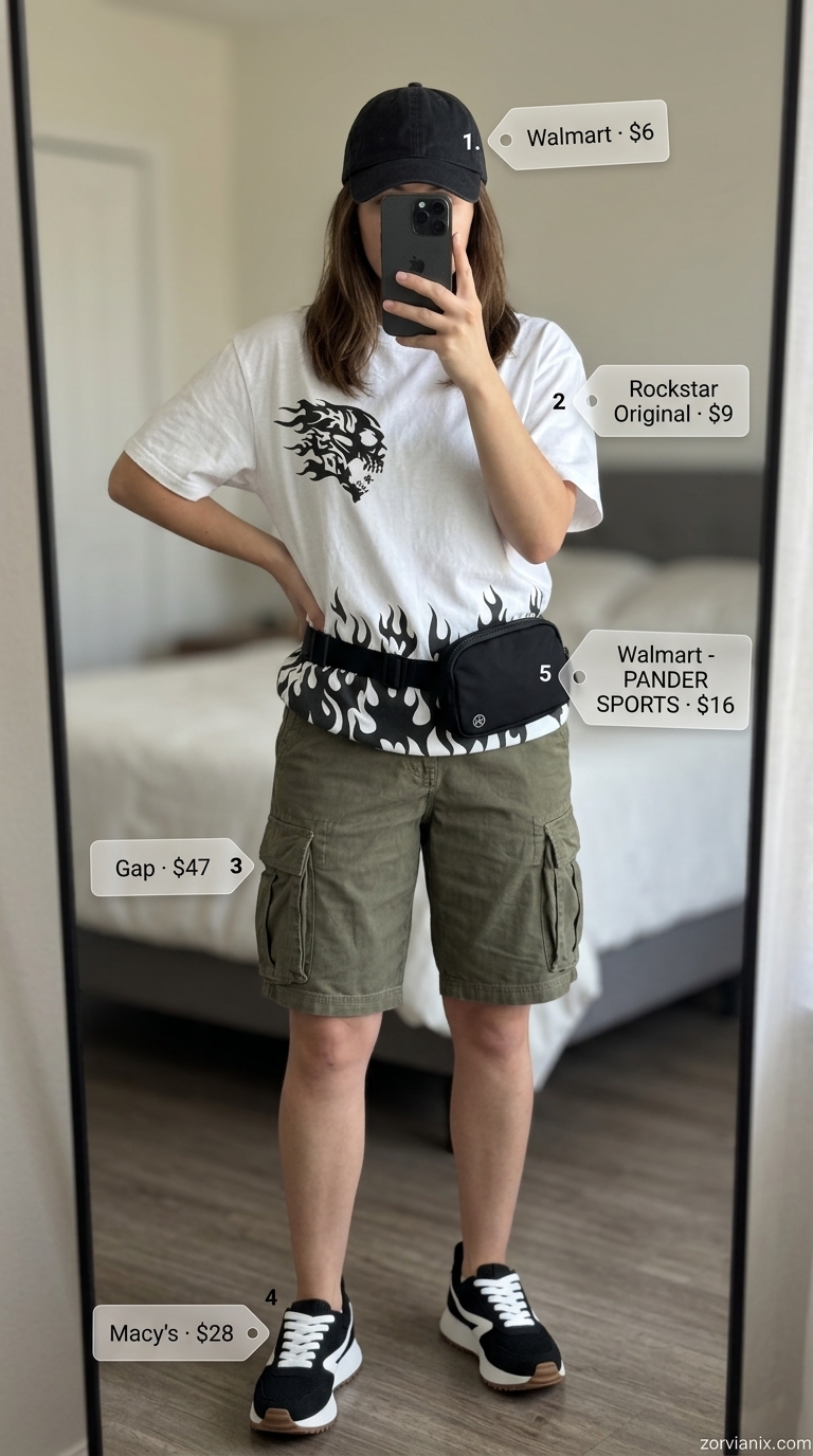 Olive green cargo shorts, white graphic tee, black cap, and chunky sneakers for summer outfits with sneakers for women 2026.