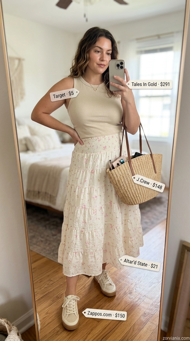 Bohemian summer outfits with sneakers for women 2026: Floral midi skirt, cream tank, straw tote, and sneakers.