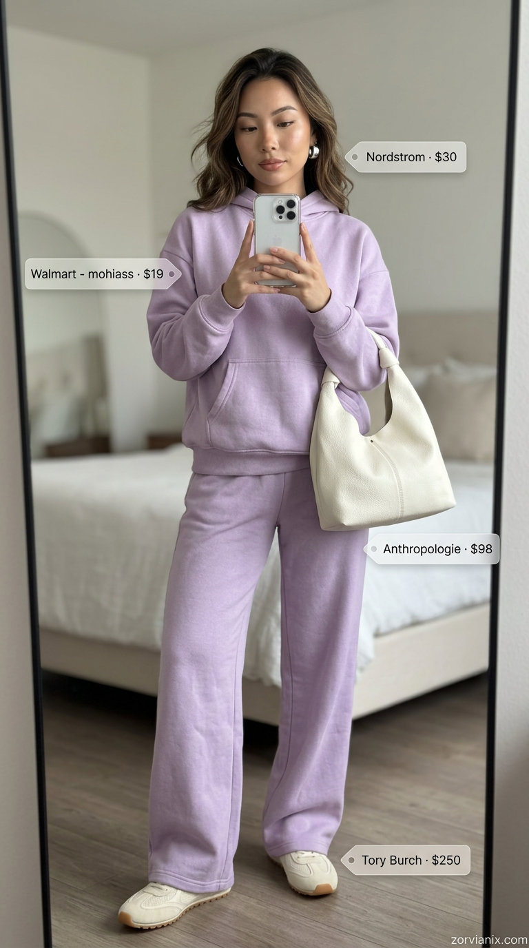 Chic travel summer outfits with sneakers for women 2026: Lavender sweat set, leather tote, silver hoops, and sneakers.