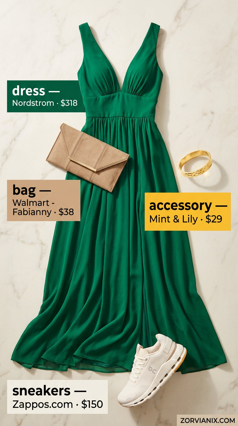 Emerald green maxi dress outfit with sneakers for women 2026: Flowing maxi dress, gold cuff, tan clutch, stylish sneakers.