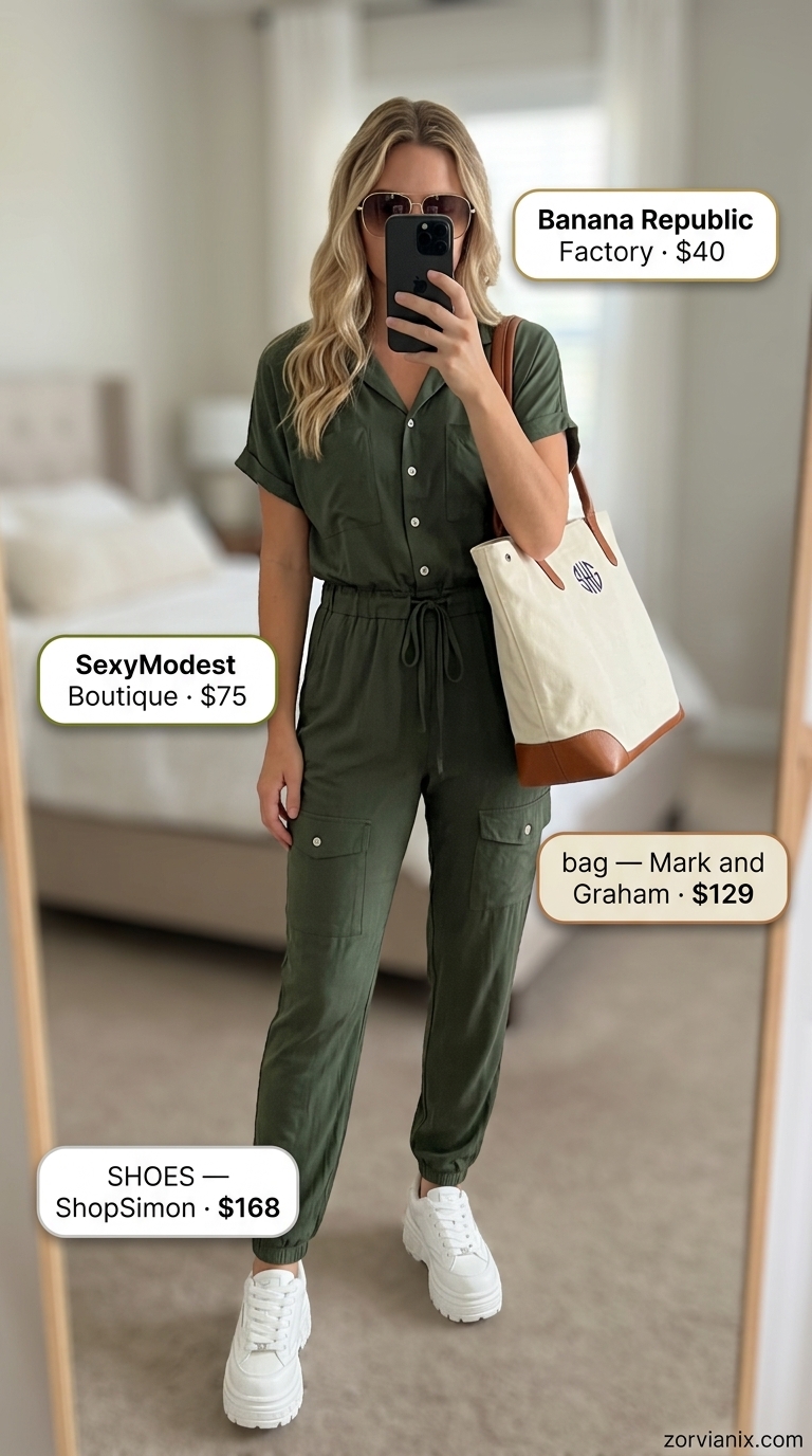 Olive green jumpsuit, white sneakers, and tote bag for casual summer outfits with sneakers for women 2026.