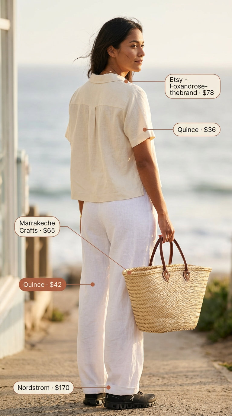 Linen set outfit with sneakers for women 2026: Ecru linen shirt & pants, beige sneakers, straw tote, gold necklaces.
