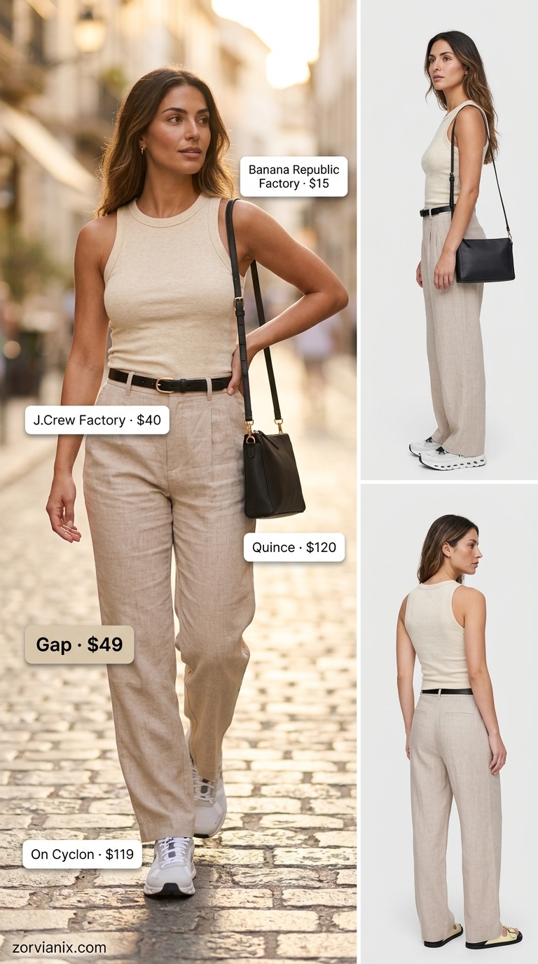 Linen trousers outfit with sneakers for women 2026: Beige linen pants, cream tank, black belt, crossbody bag, sneakers.