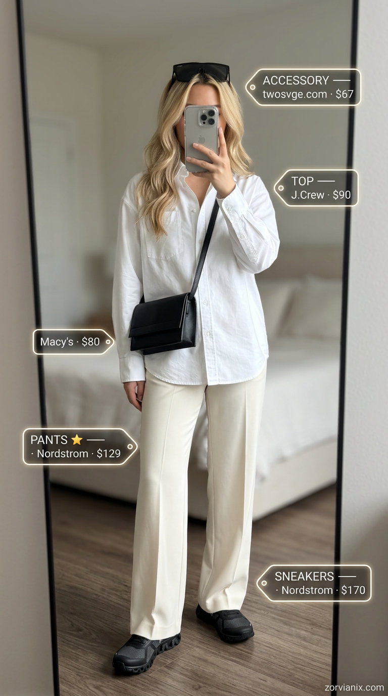 Minimalist summer outfits with sneakers for women 2026: Beige wide-leg pants, white shirt, black bag, and sneakers.