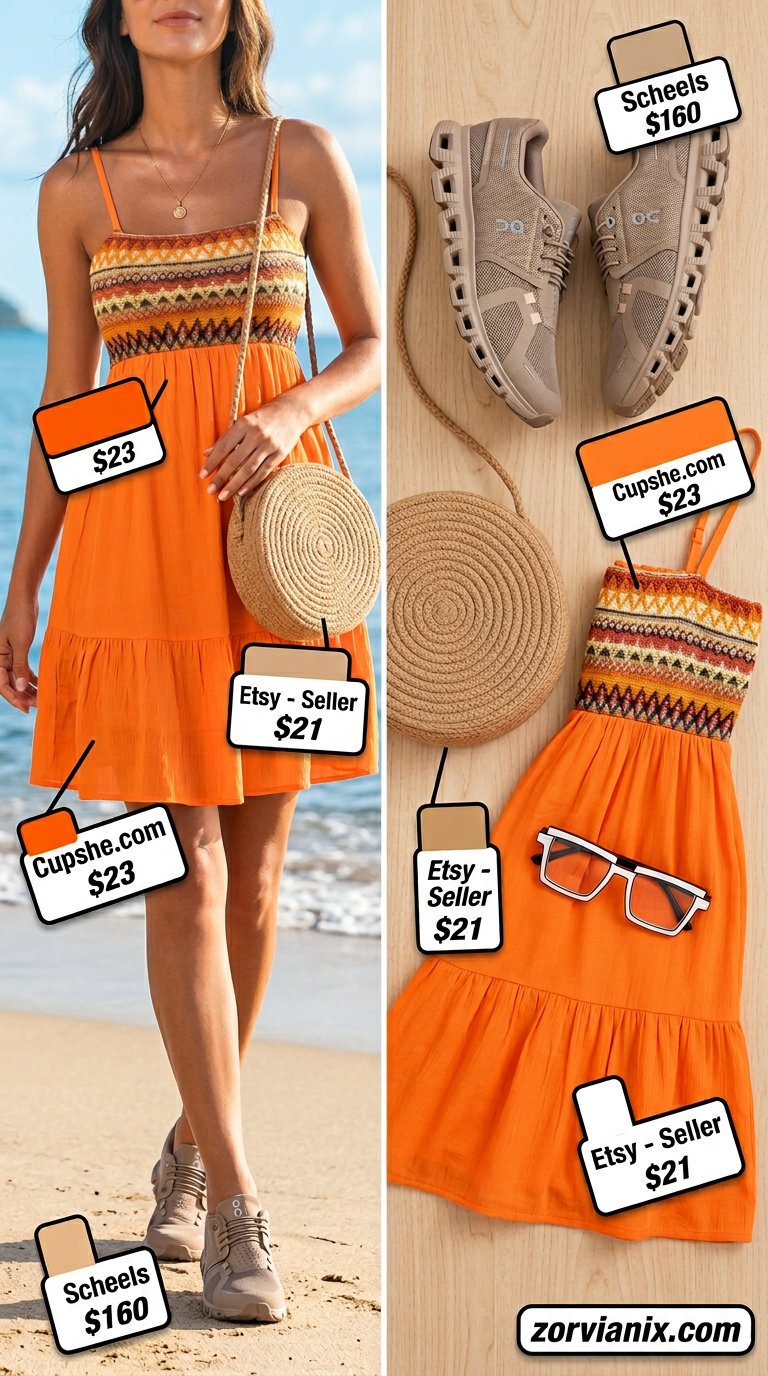 Sunset sundress outfit with sneakers for women 2026: Orange sundress, white sunglasses, straw bag, sneakers.