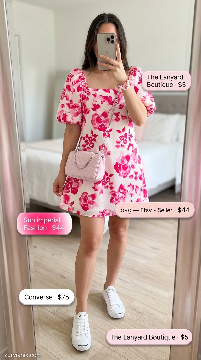 White floral mini sundress, white sneakers, and pink crossbody bag for summer outfits with sneakers for women 2026.