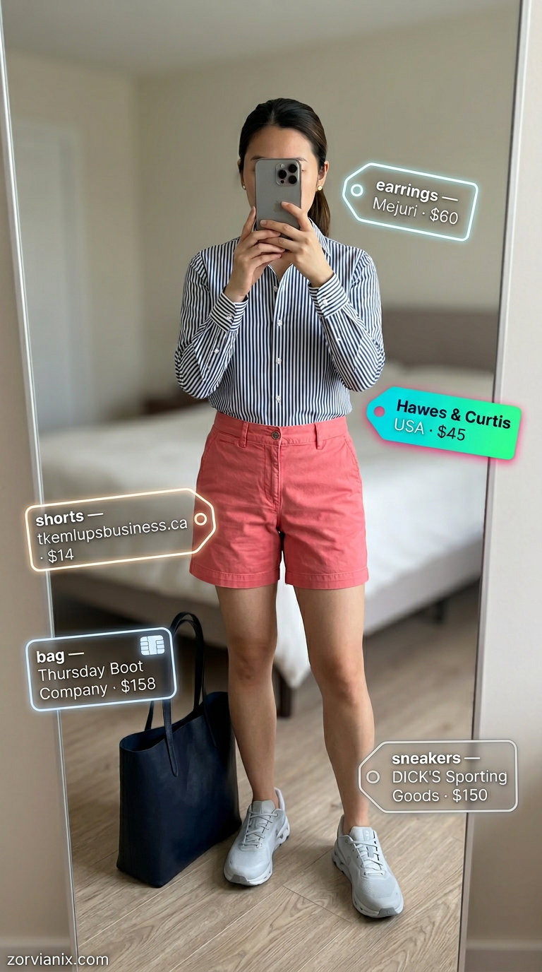 Preppy summer outfits with sneakers for women 2026: Navy stripe shirt, coral shorts, and white sneakers for brunch.