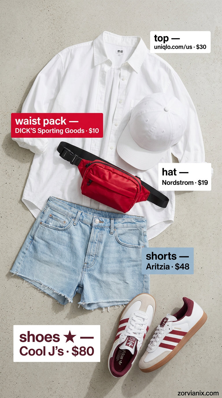 Retro summer outfits with sneakers for women 2026: White shirt, denim shorts, red fanny pack, and striped sneakers.