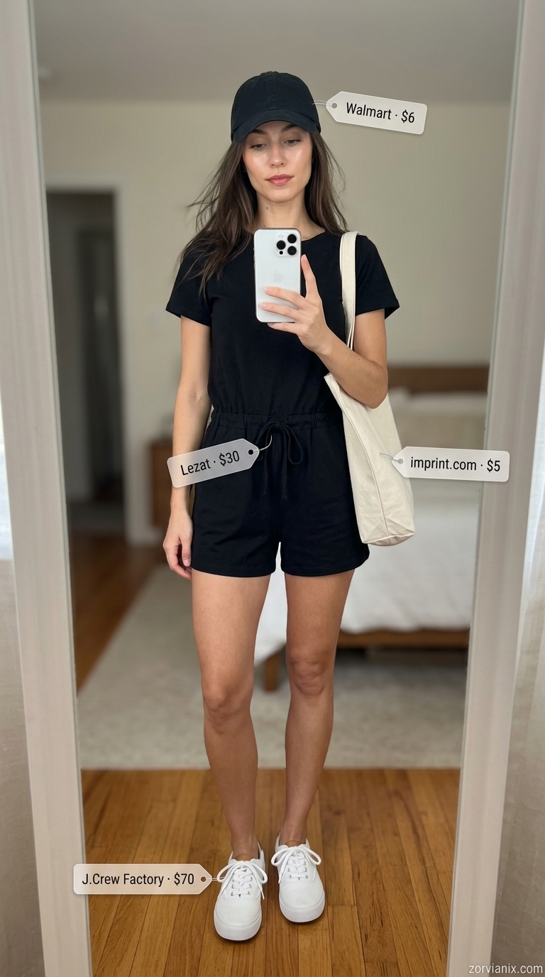 Sporty chic romper outfit with sneakers for women 2026: Black t-shirt romper, white sneakers, canvas tote, black cap.