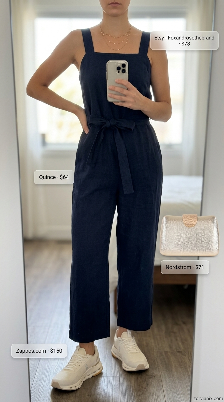 Elegant summer outfits with sneakers for women 2026: Navy linen jumpsuit, gold clutch, and white sneakers.