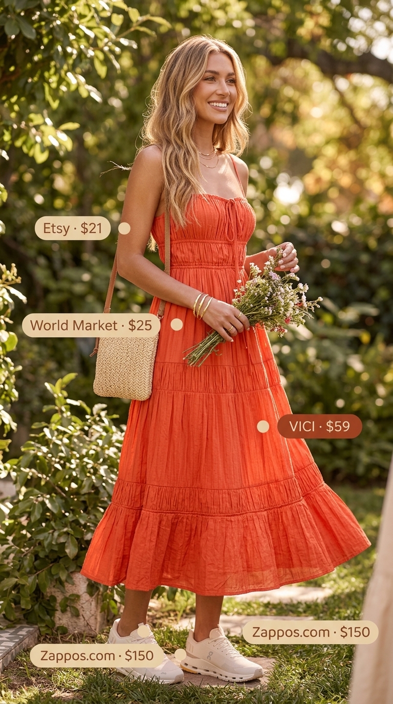 Coral orange midi dress, sneakers, straw bag, and bangles for vibrant summer outfits with sneakers for women 2026.