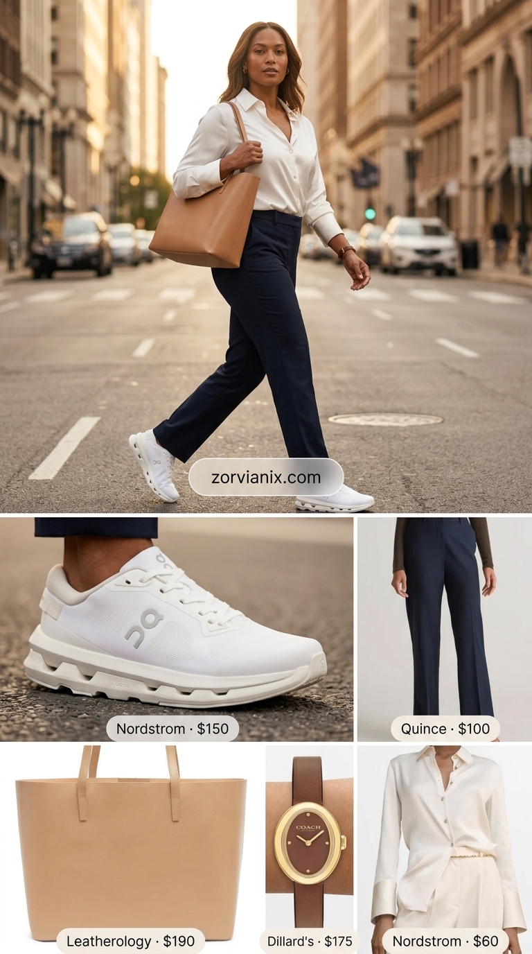 Navy trousers, silk blouse, sneakers, and tote bag for smart casual summer outfits with sneakers for women 2026.