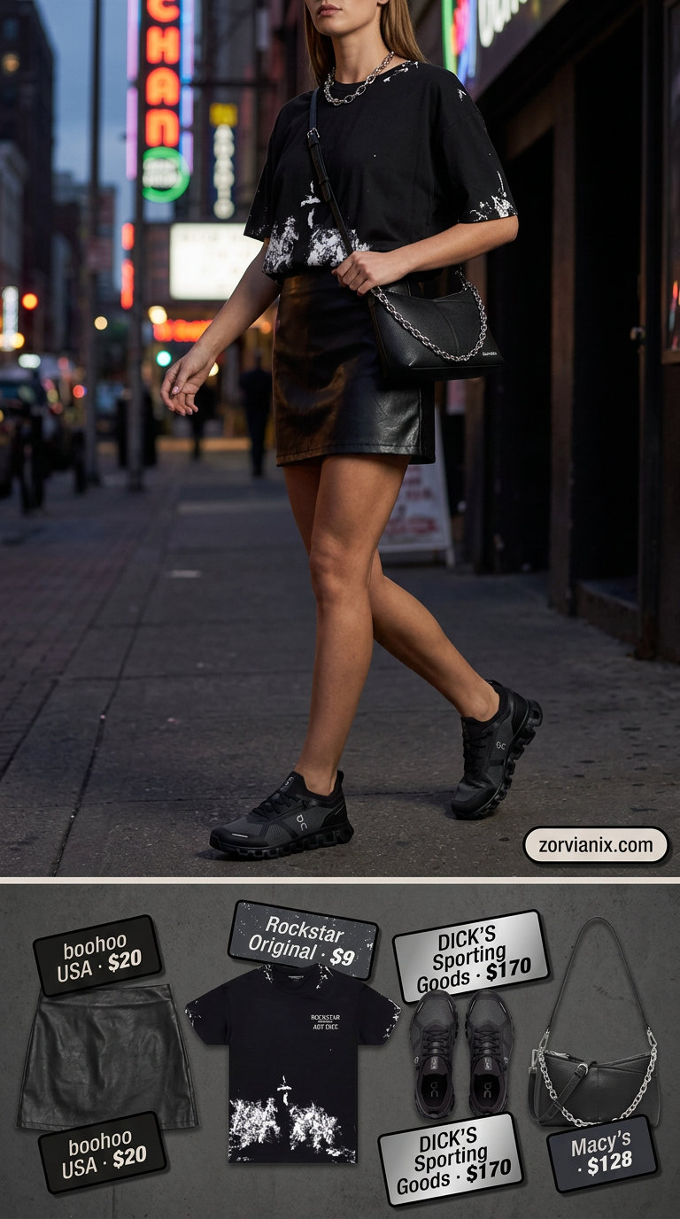 Edgy summer outfits with sneakers for women 2026: Band tee, faux leather skirt, silver necklace, and black sneakers.