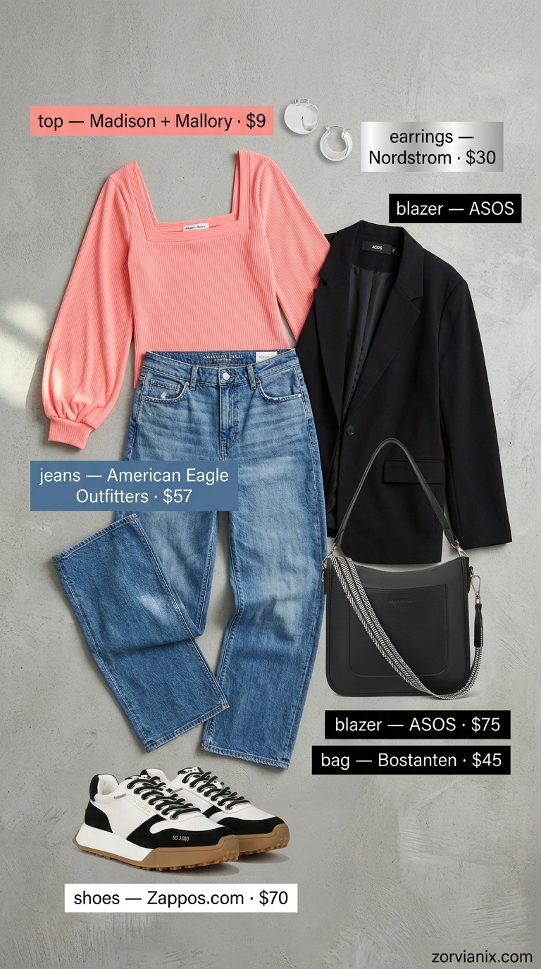 Urban summer outfits with sneakers for women 2026: Coral crop top, blazer, wide-leg jeans, and chunky sneakers.