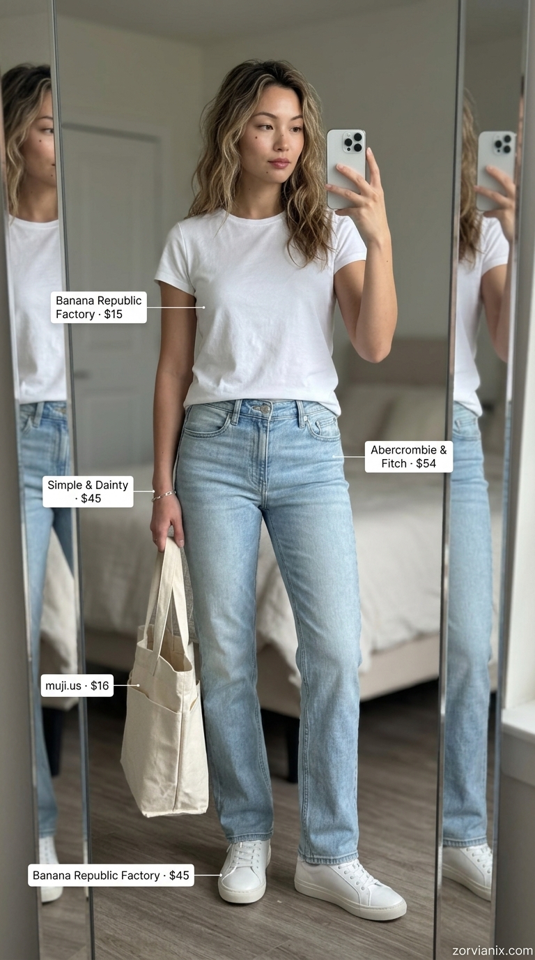 Light wash jeans, white tee, white sneakers, and tote bag for relaxed summer outfits with sneakers for women 2026.