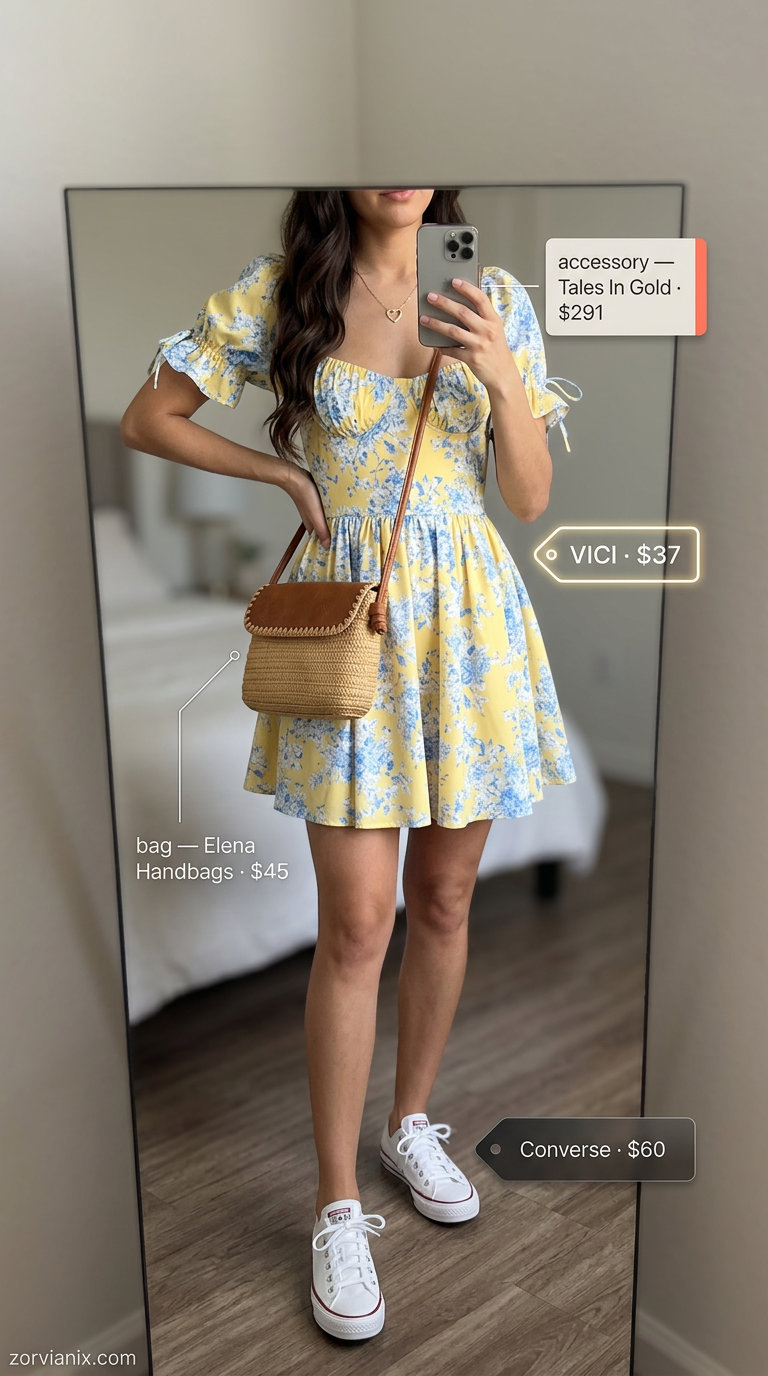 Playful yellow floral mini dress outfit with sneakers for women 2026: Floral dress, white sneakers, straw bag, gold necklace.