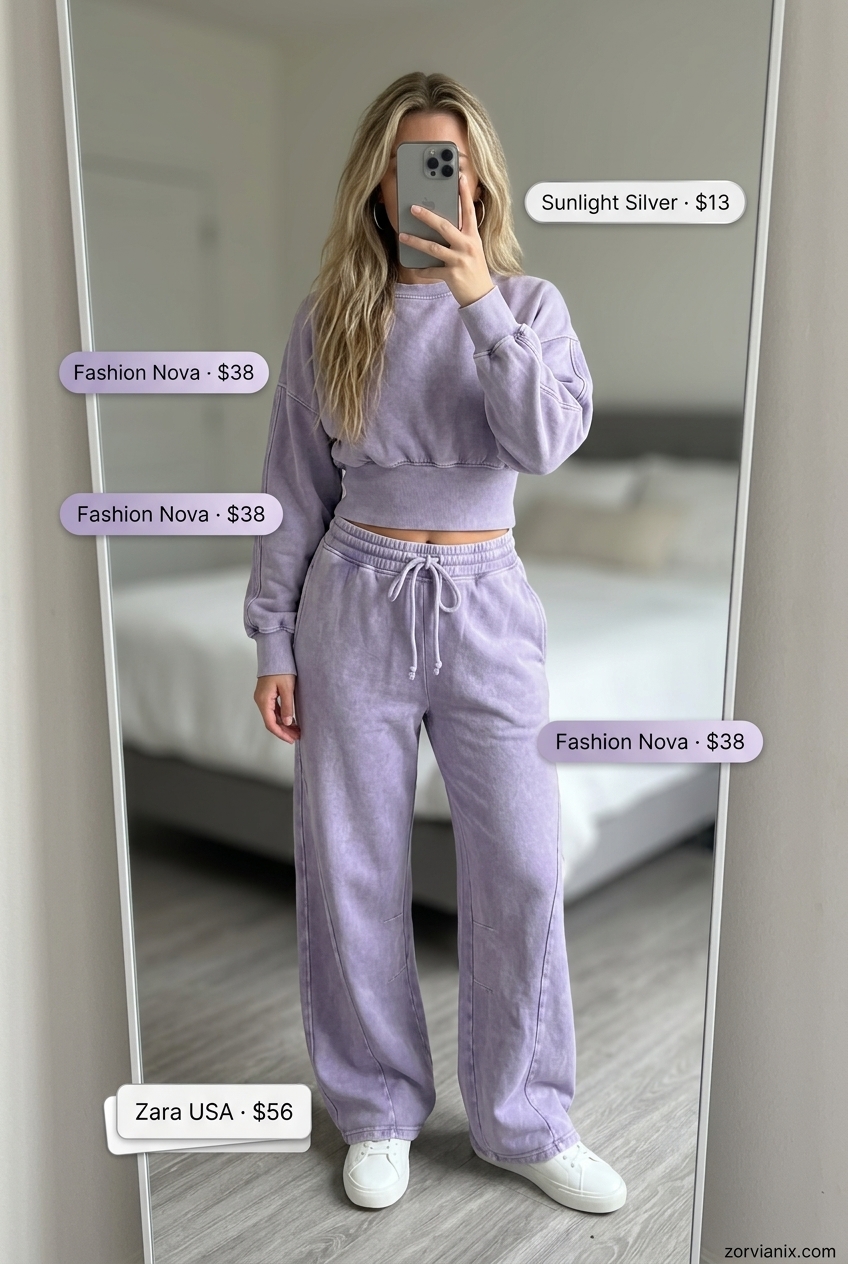 Summer outfits for women with blonde hair 2026: Lavender athleisure set with white sneakers and silver hoops for casual travel.