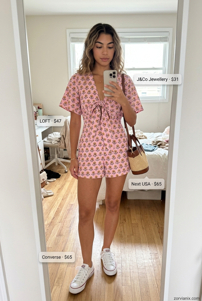 Summer outfits for women with blonde hair 2026: Blush pink linen romper with white sneakers and raffia crossbody bag.