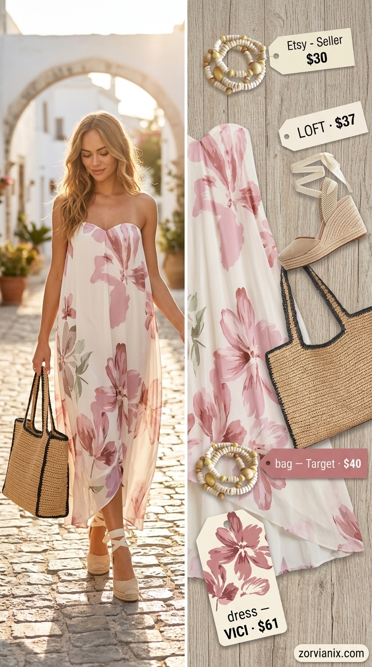 Summer outfits for women with blonde hair 2026: Ivory floral maxi dress with espadrilles and straw tote for vacation.