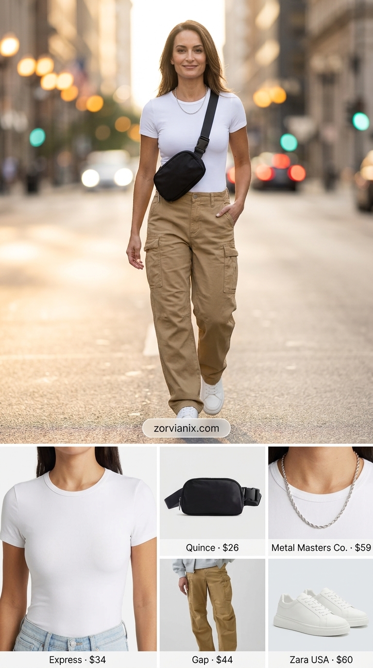 Summer outfits for women with blonde hair 2026: Khaki cargo pants with white tee, chunky sneakers, and black belt bag.