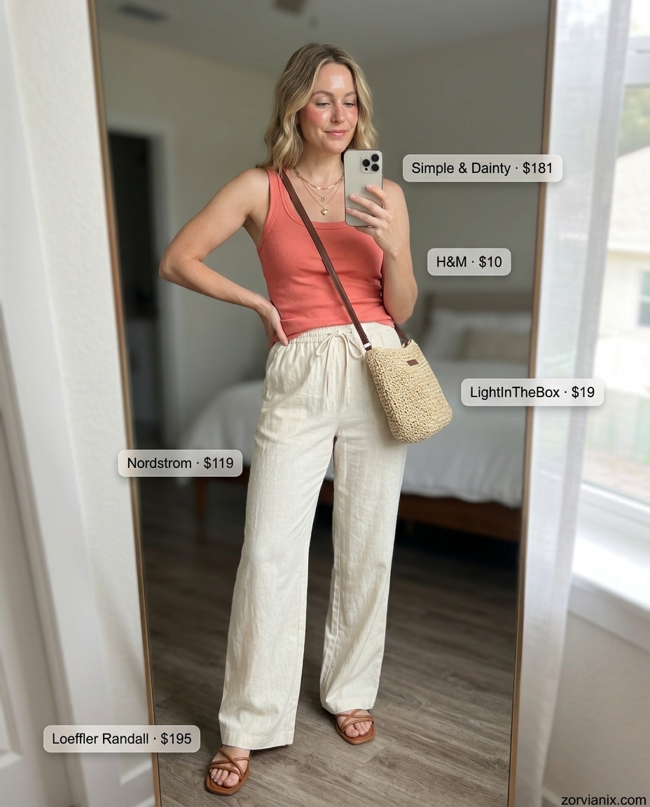 Summer outfits for women with blonde hair 2026: Cream linen pants, coral tank, tan sandals for a relaxed daytime look.