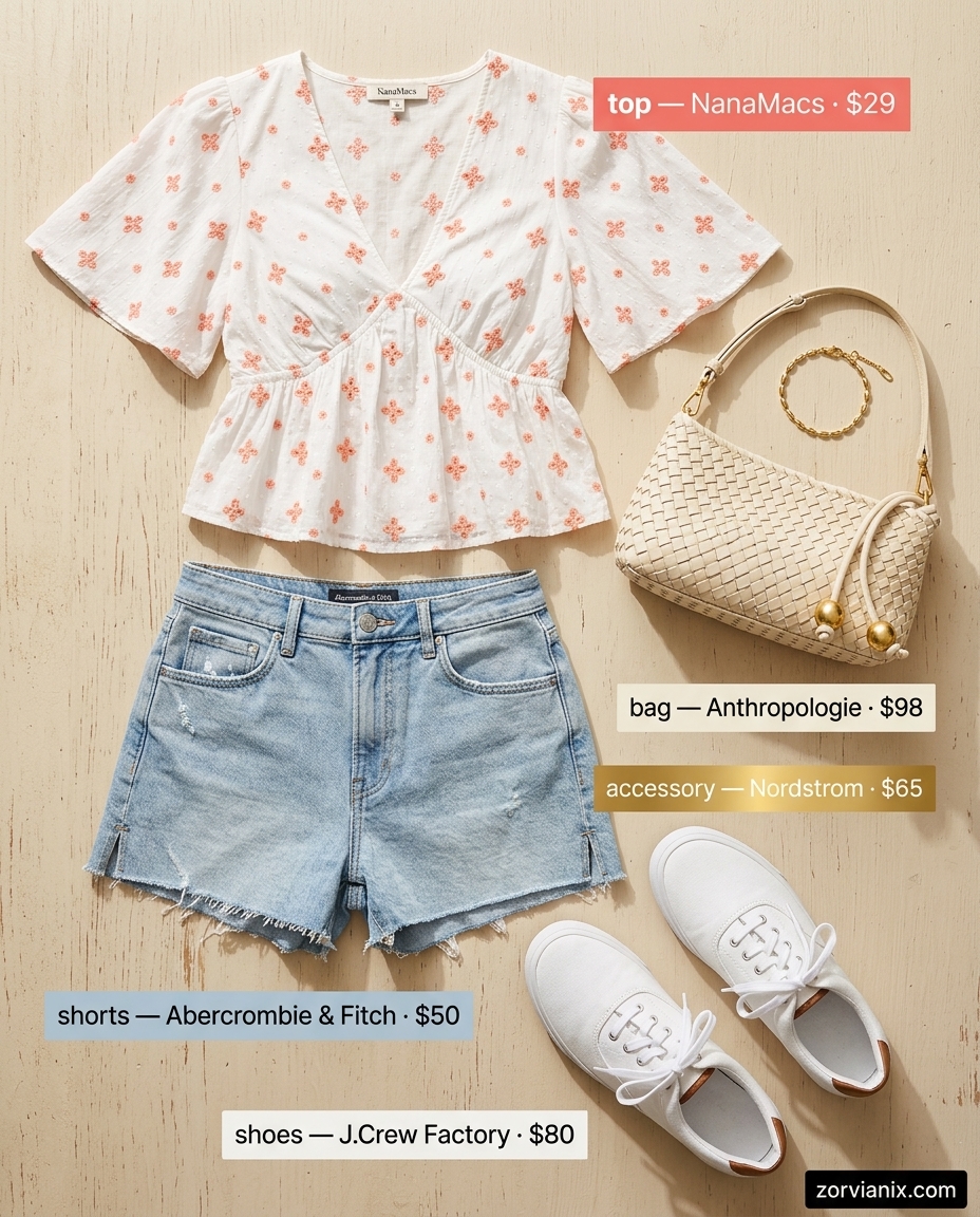 Summer outfits for women with blonde hair 2026: Denim shorts with floral blouse, white sneakers, and gold bracelet.