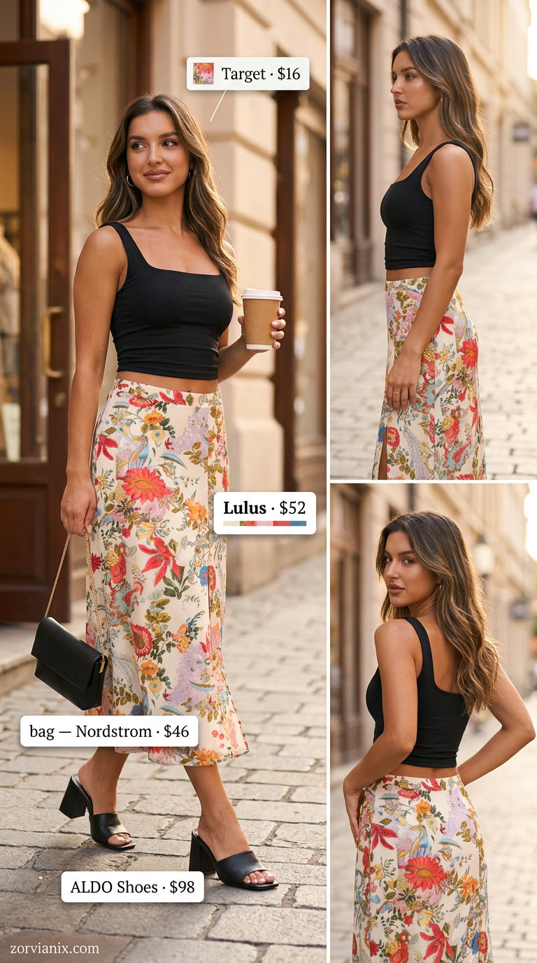 Summer outfits for women with blonde hair 2026: Floral midi skirt, black crop top, mules for a feminine daytime event.