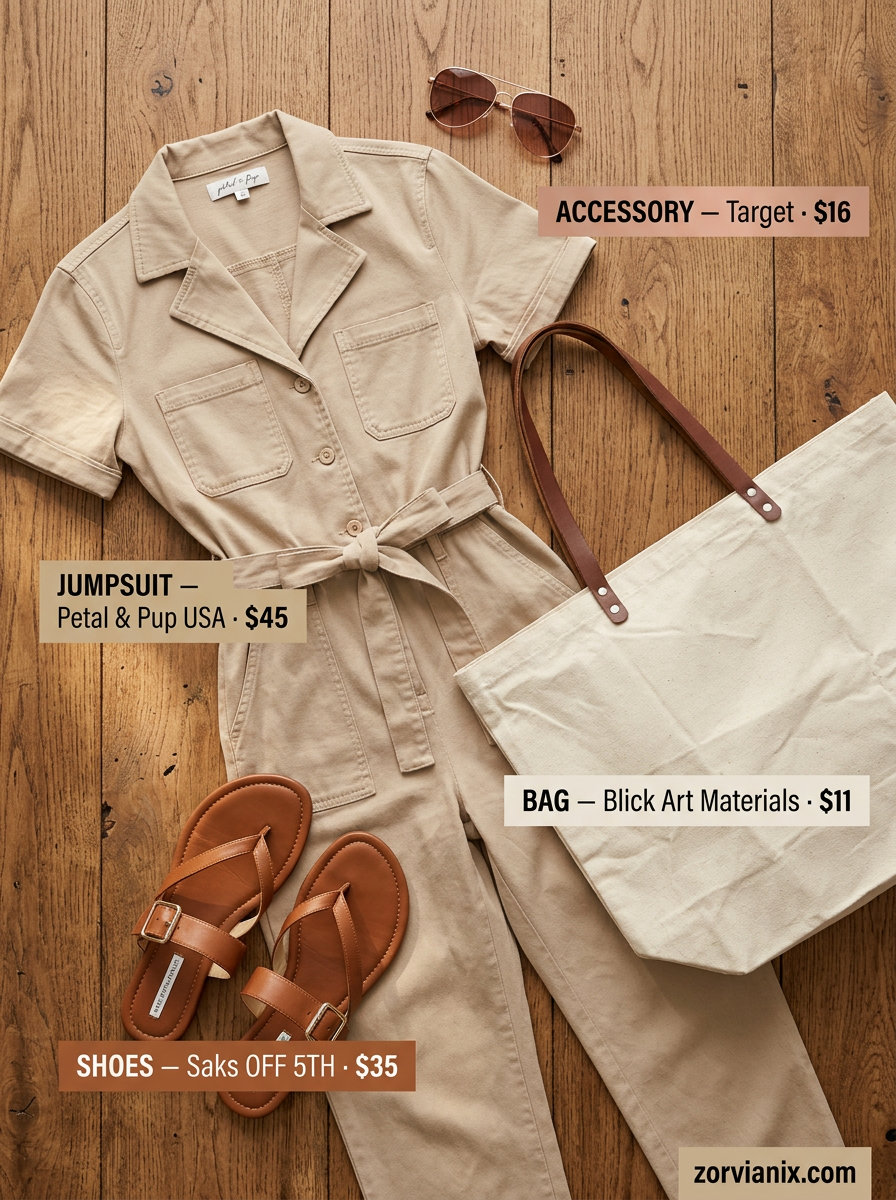 Summer outfits for women with blonde hair 2026: Khaki linen jumpsuit, tan slides, aviators for a comfortable travel look.