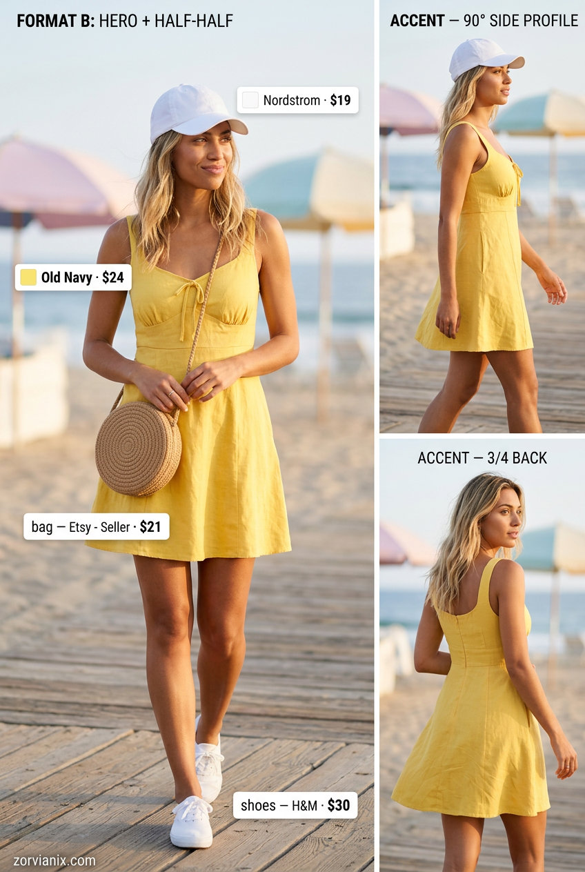 Summer outfits for women with blonde hair 2026: Lemon yellow sundress, white cap & sneakers for a cheerful beach day.