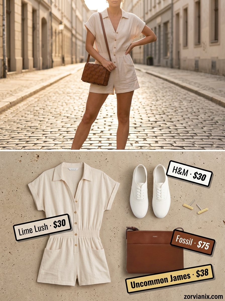 Summer outfits for women with blonde hair 2026: Beige linen romper with white sneakers and light brown crossbody bag.