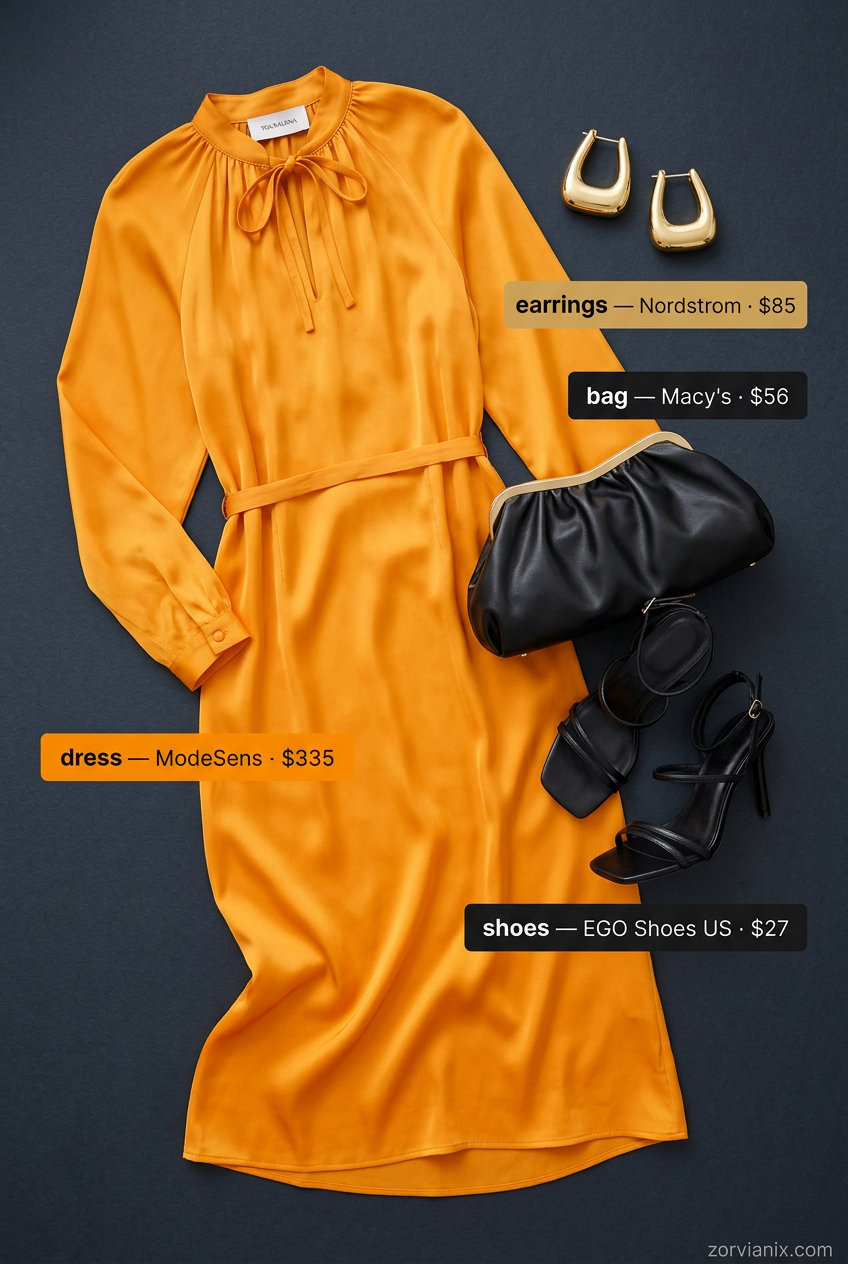 Summer outfits for women with blonde hair 2026: Mango orange satin midi dress, black heels & clutch for a sophisticated evening event.