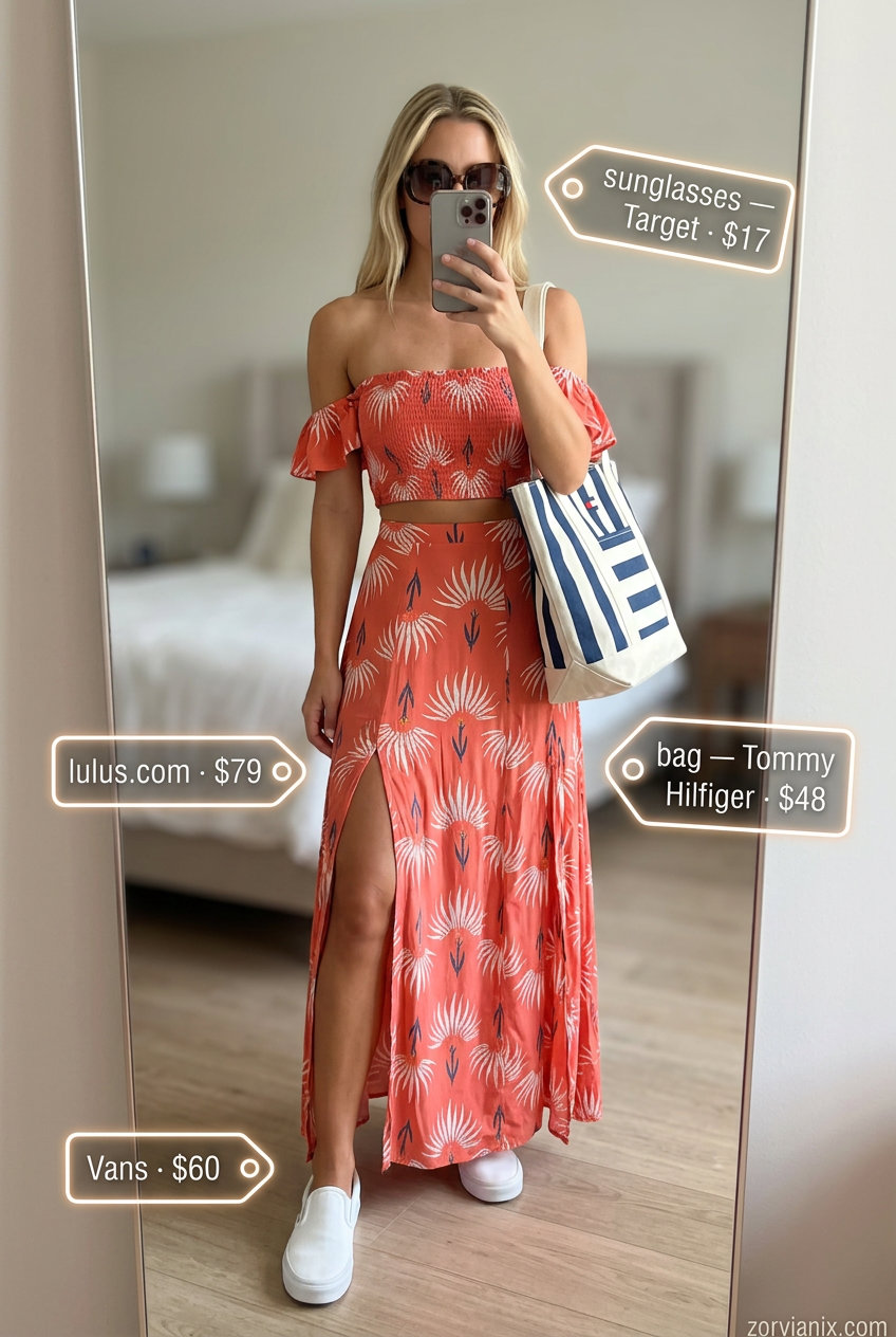 Summer outfits for women with blonde hair 2026: Coral floral maxi dress with white sneakers and beach tote for vacation.