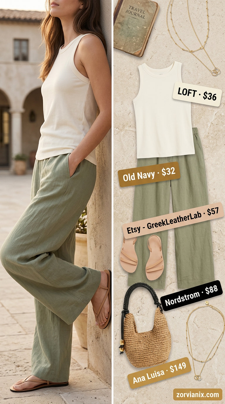 Summer outfits for women with blonde hair 2026: Sage green linen pants, cream tank, tan sandals for a relaxed daytime look.