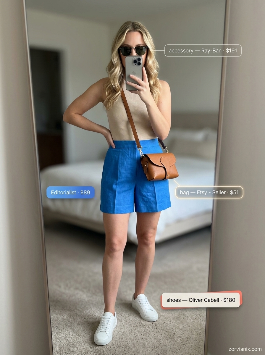 Summer outfits for women with blonde hair 2026: Navy linen shorts set with white sneakers and tan crossbody bag.