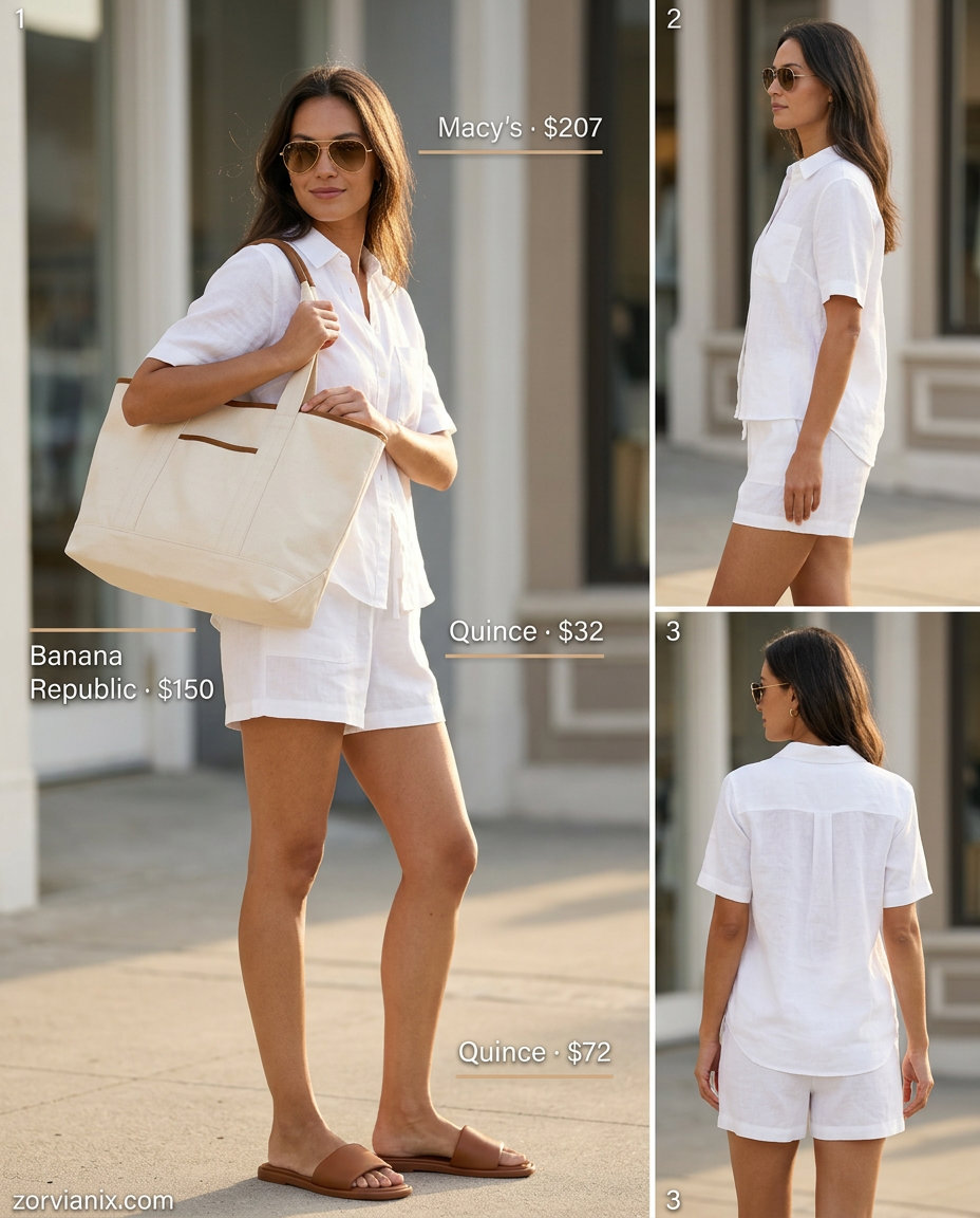 Summer outfits for women with blonde hair 2026: White linen set, tan slides, aviators for a relaxed coastal look.