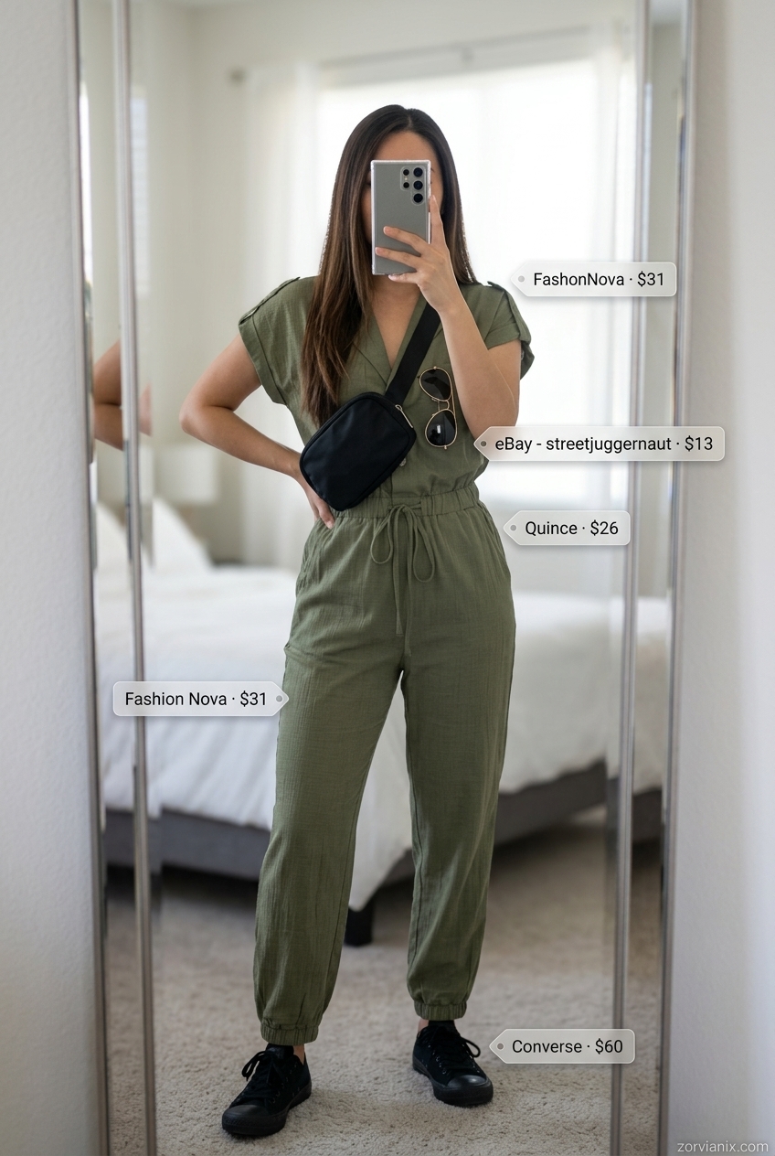 Summer outfits for women with blonde hair 2026: Effortless olive green utility jumpsuit with black sneakers for a chic casual look.