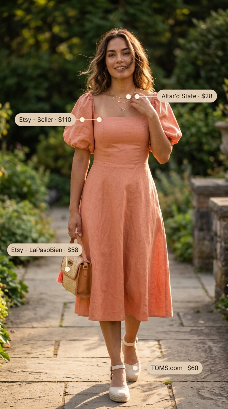Summer outfits for women with blonde hair 2026: Elegant apricot linen dress with espadrille sandals for a garden party.