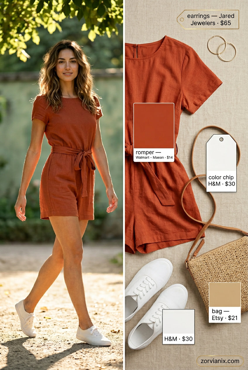 Summer outfits for women with blonde hair 2026: Playful terracotta orange linen romper with white sneakers for a chic daytime look.