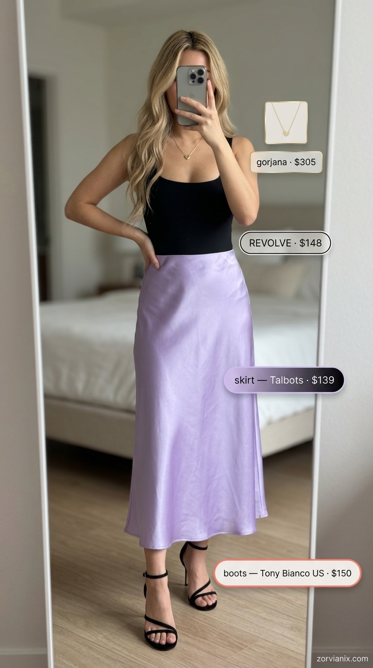 Summer outfits for women with blonde hair 2026: Romantic lavender slip skirt with black bodysuit and heels for an elegant evening.