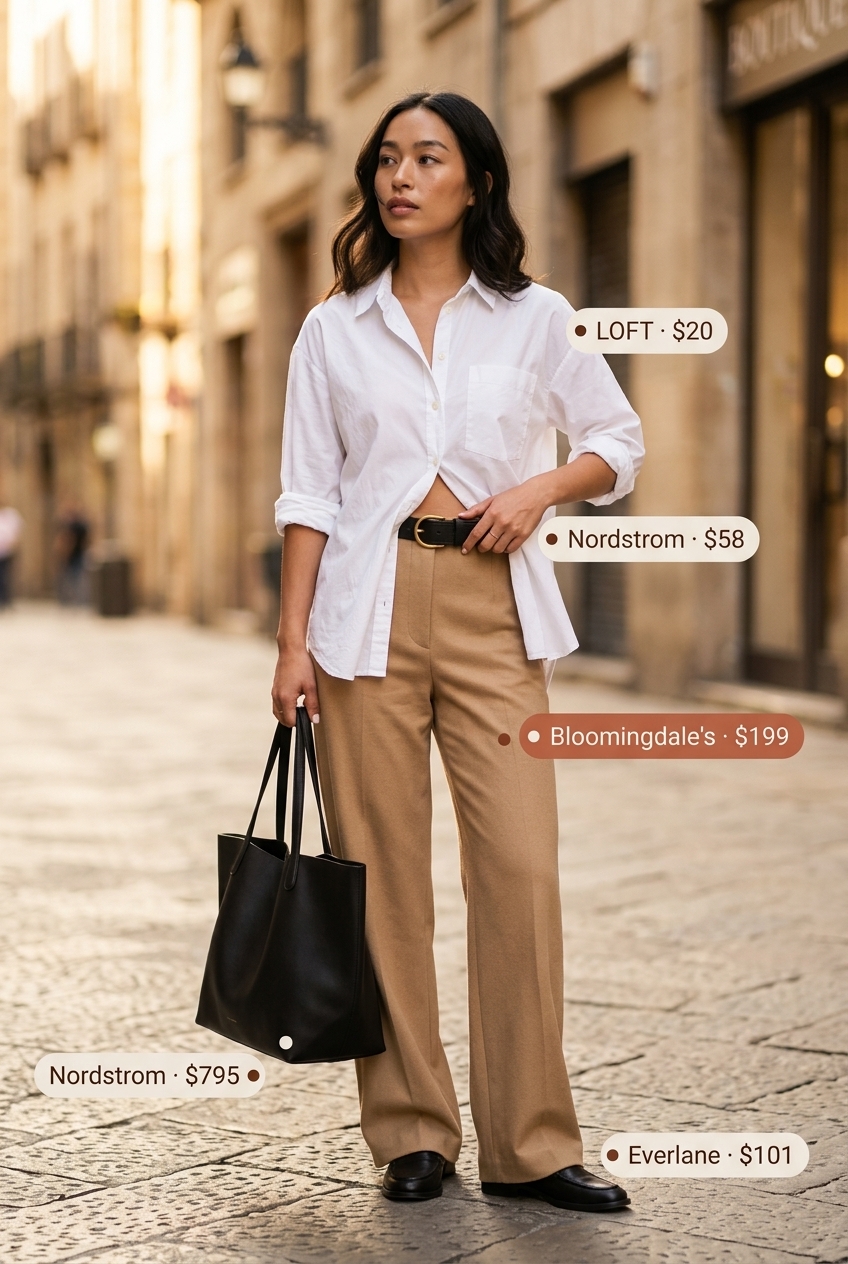 Summer outfits for women with blonde hair 2026: Chic camel pants, crisp white shirt, black loafers for a polished urban look.