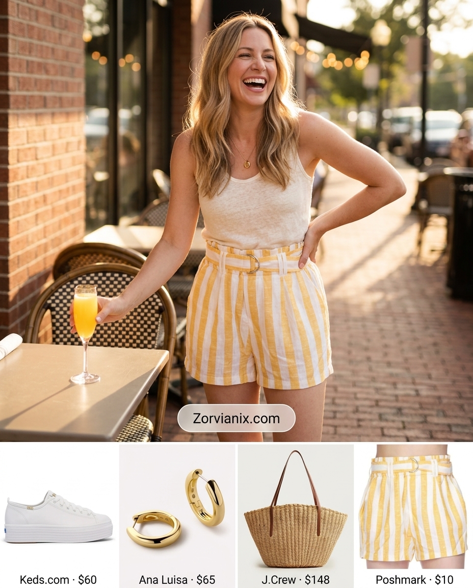 Summer outfits for women with blonde hair 2026: Playful lemon yellow stripe shorts set with white platform sneakers for brunch.