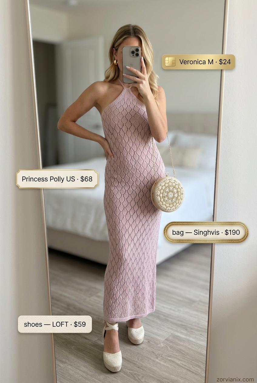 Summer outfits for women with golden skin tone 2026: Blush pink crochet midi dress, espadrille wedges, gold earrings for a summer evening.
