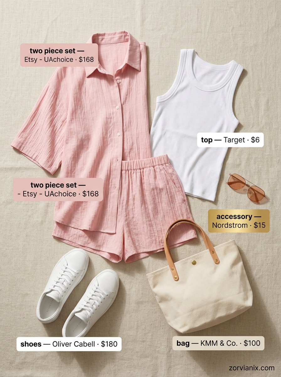 Summer outfits for women with golden skin tone 2026: Blush pink linen shorts set, white tank, white sneakers for a relaxed vacation look.