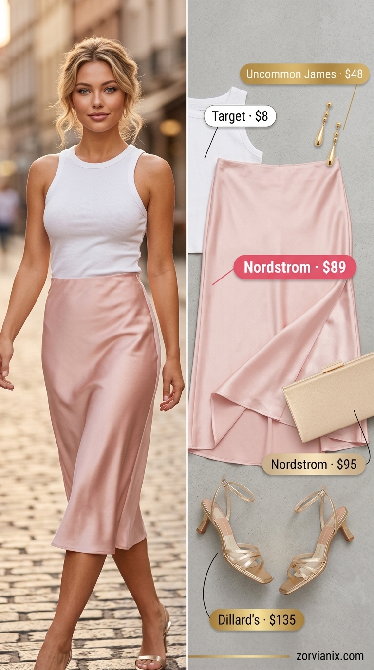 Summer outfits for women with golden skin tone 2026: Coral satin slip skirt, white tank, gold sandals for a glamorous evening out.