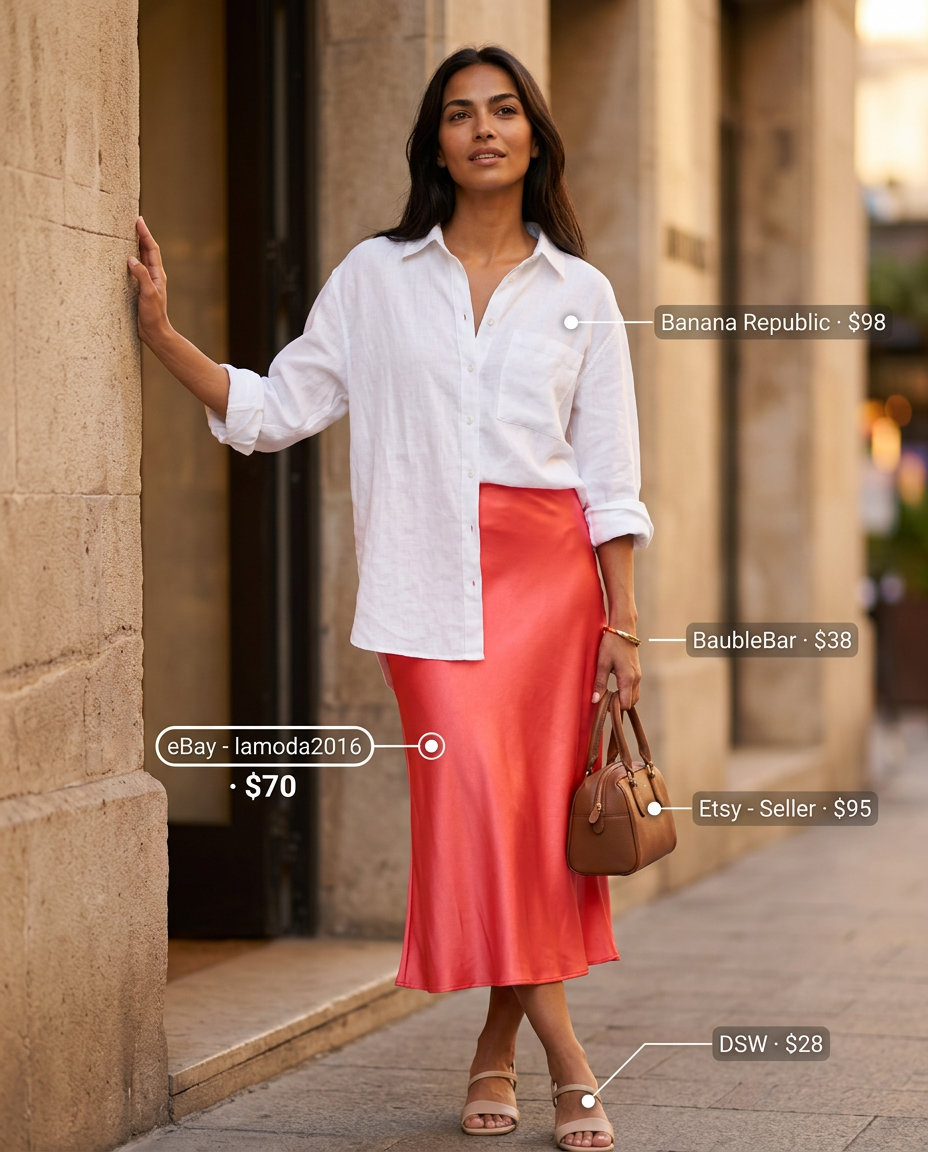 Summer outfits for women with golden skin tone 2026: Coral satin slip skirt, white linen shirt, beige sandals & straw bag for a chic dinner date.